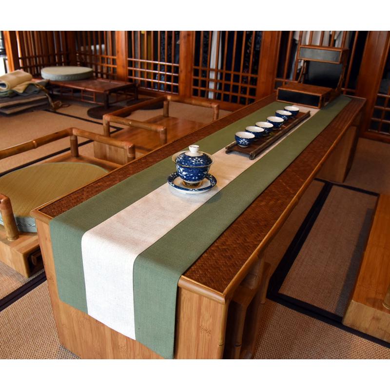 新中式绿色棉麻桌旗禅意茶席亚麻现代简约茶旗中国风长条巾国风