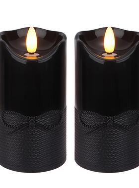 新款万圣节氛围装饰蜡烛灯黑色麻绳茶蜡烛仿真3D火焰闪烁柱状蜡烛