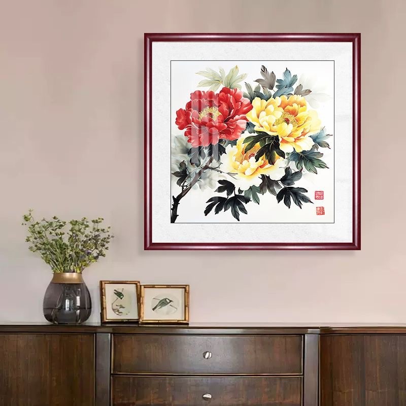 牡丹国画花开富贵客厅装饰画中式餐厅壁画玄关过道正方形牡丹挂画图片