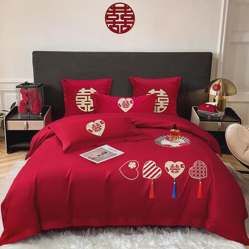 高档结婚四件套大红简约刺绣中式被婚庆床上用品绣花喜新房床单笠