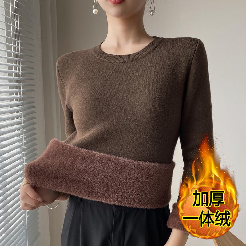 毛衣女秋冬加绒加厚内搭一体绒打底衫保暖圆领套头衫