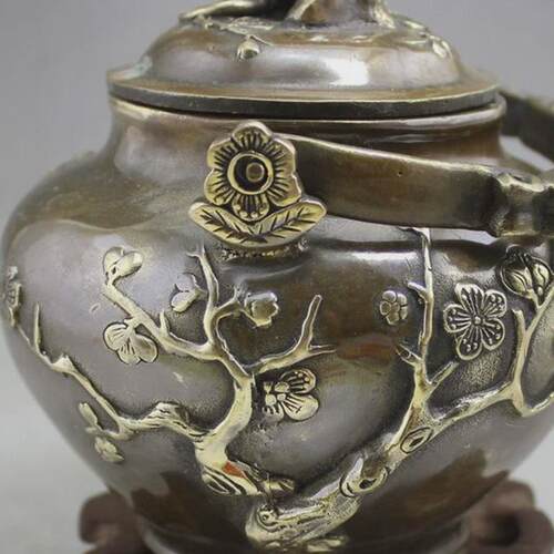 古玩收藏批发铜器工艺品黄铜做旧摆饰雕刻大梅花铜壶茶壶客厅摆件
