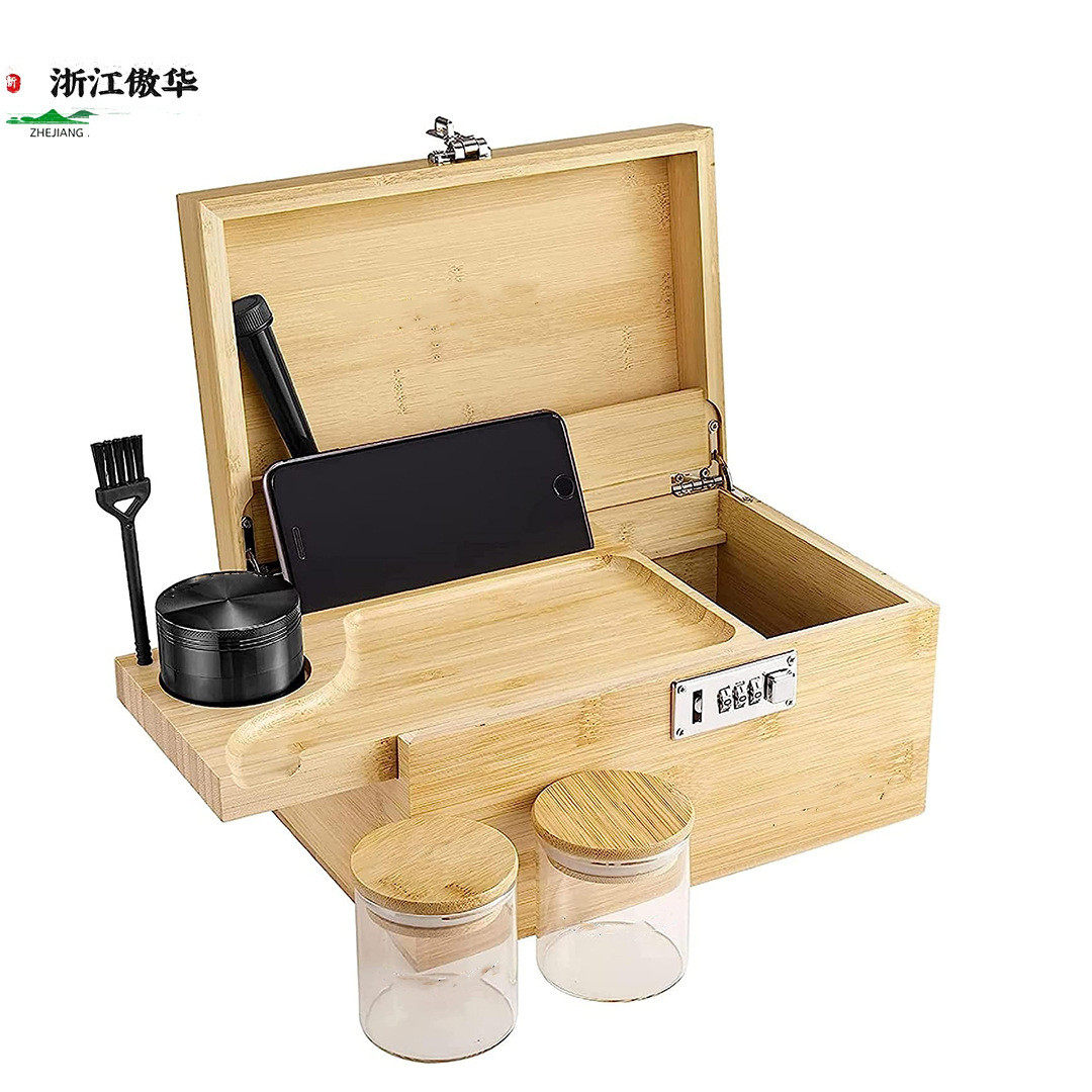 竹盒带收纳密码锁大型组合锁竹盒子玻璃罐和磨烟器竹制密码盒