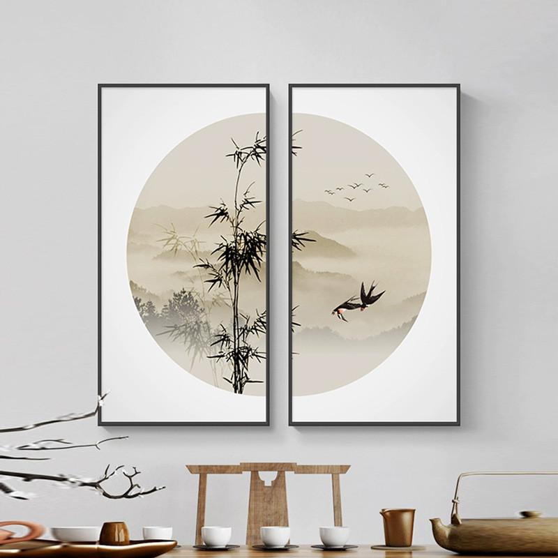 新中式挂画茶室背景墙装饰画书房山水画客厅餐厅组合玄关壁画