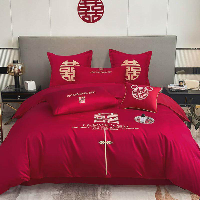 婚庆四件套婚嫁新婚床品刺绣被套红色结婚礼婚房婚床喜庆套件绣花