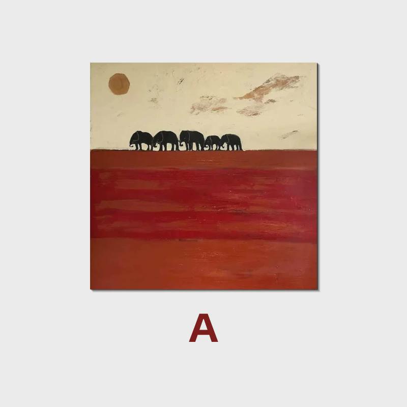 日落风景装饰画客厅手绘油画夕阳大象肌理画原木风玄关正方形挂画图片