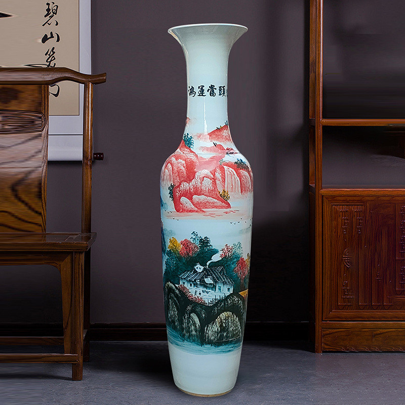 工艺品陶瓷手绘鸿运当头山水五彩落地大花瓶公司酒店装饰开业摆件