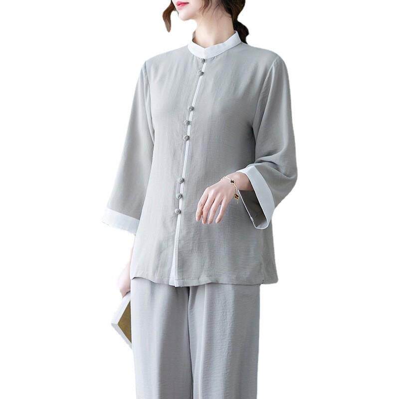 复古中国风春夏太极服女棉麻武术表演练功服中袖工作服茶服套装女