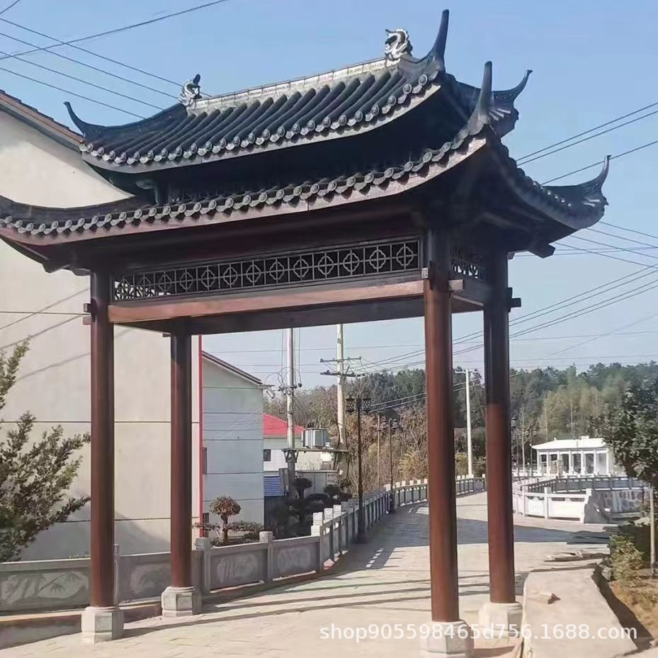 户外古建门楼中式乡村牌坊防腐木门楼美丽庭院门楼仿古实木门头