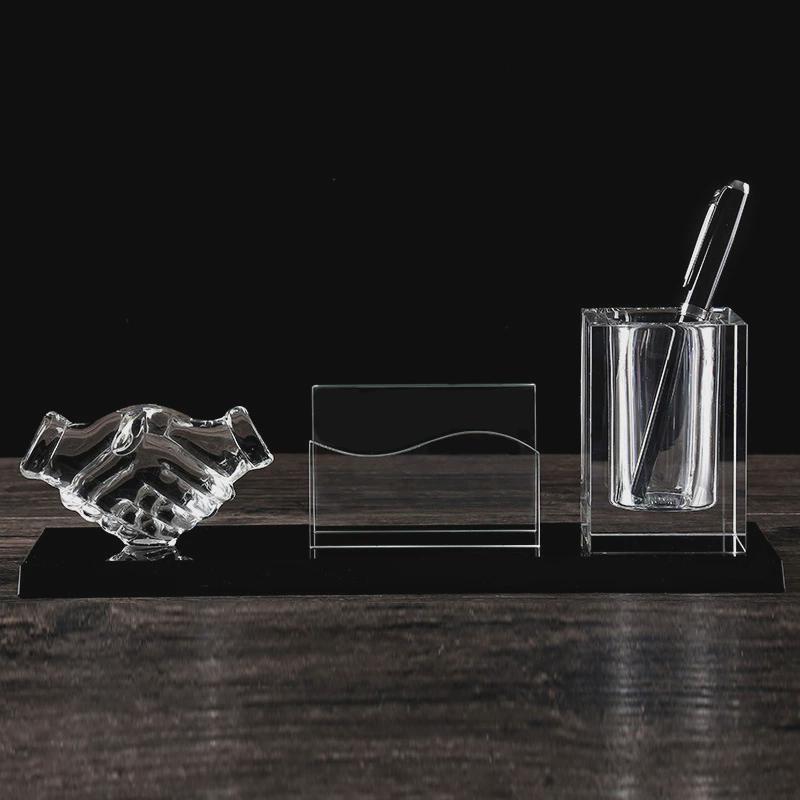 创意三件套水晶办公摆件校庆笔筒名片夹会议礼品毕业照纪念品定制