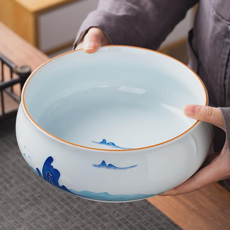 德化手绘盂功夫茶具茶洗茶道配件笔洗水陶瓷家用烟灰缸花盆大小号