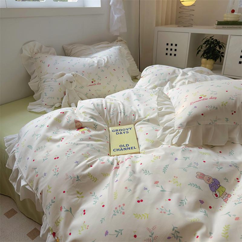 ins赫本风黑色花边素描水洗棉四件套床单被套学生宿舍床上三件套