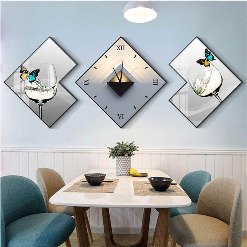 0bre批发轻奢餐厅装饰画时钟组合挂画酒杯现代简约菱形挂钟饭厅背