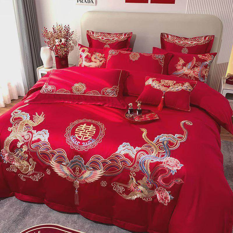 高档结婚四件套大红简约刺绣中式新房婚庆床上用品绣花喜被床单笠