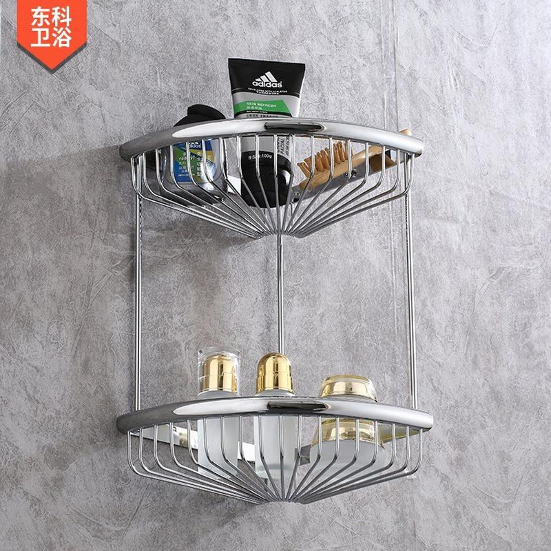 卫生间三角架转角架双层角架银色三角篮洗澡间置物架镀铬562铜篮