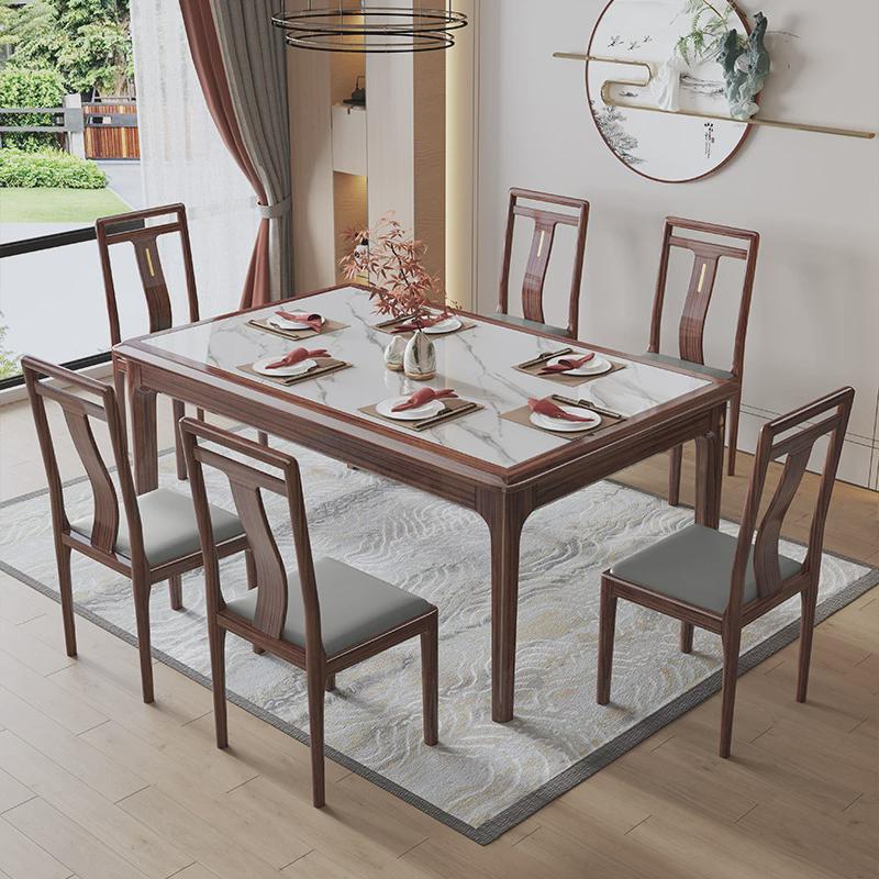 新中式乌金木实木岩板餐桌现代简约轻奢方桌家用小户型桌椅组合