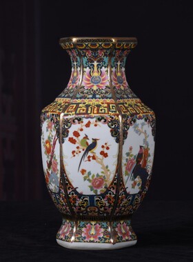 景德镇珐琅花鸟描金粉彩彩仿古六方瓶中式陶瓷花瓶家居摆件收藏品