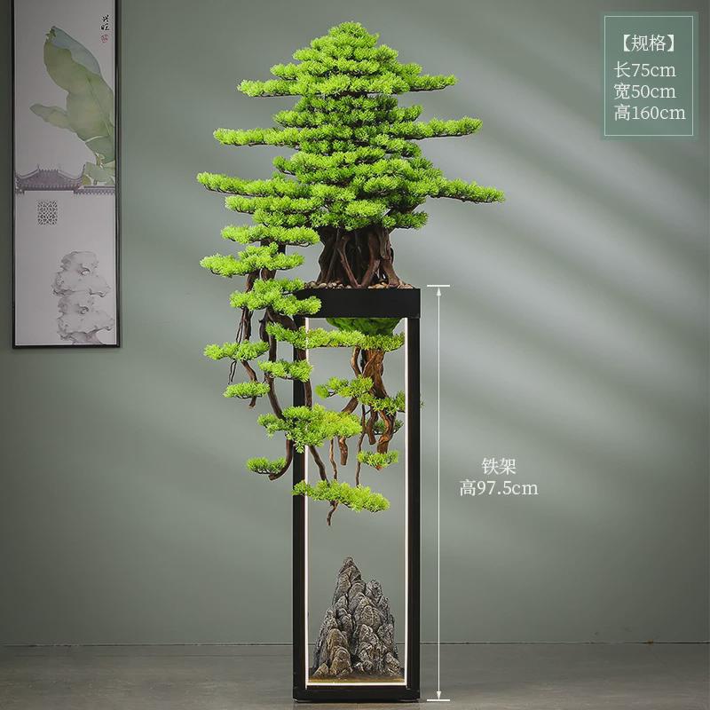 新中式崖柏盆栽仿真迎客松高端绿植摆件造景茶室装饰仿真树玄关