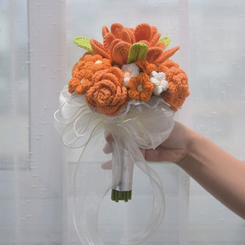 040婚礼仿真玫瑰订婚结婚手捧花手工毛线编织针织花束成