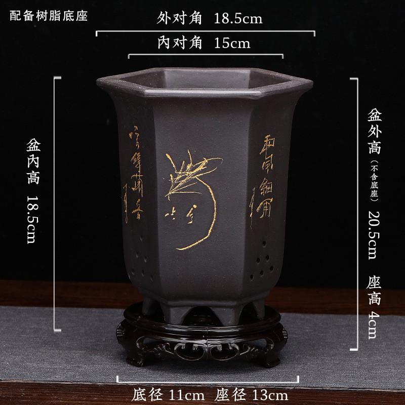 紫砂花盆君子兰底座黑色刻绘兰花带绿萝园艺花卉绿植个性陶瓷批发