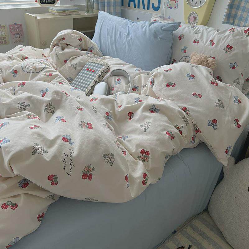 ins少女心简约爱心波点水洗双层纱三四件套黑色被套笠床单1.5m1.8