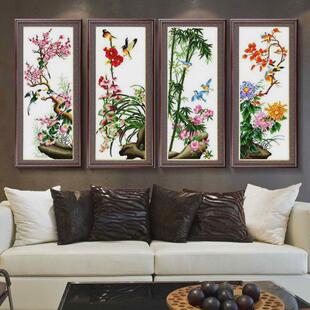 纯手工十字绣成品办公室鸟语花香四联画客厅梅兰竹菊书房装饰挂画