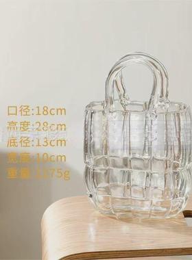 北欧网红包包玻璃花瓶手提蓝原色摆件创意轻奢客厅水养插花装饰品