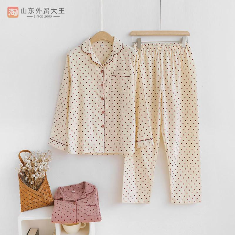 日系波点春秋全棉磨毛绒布睡衣女士长袖纯棉居服套装秋冬季中厚