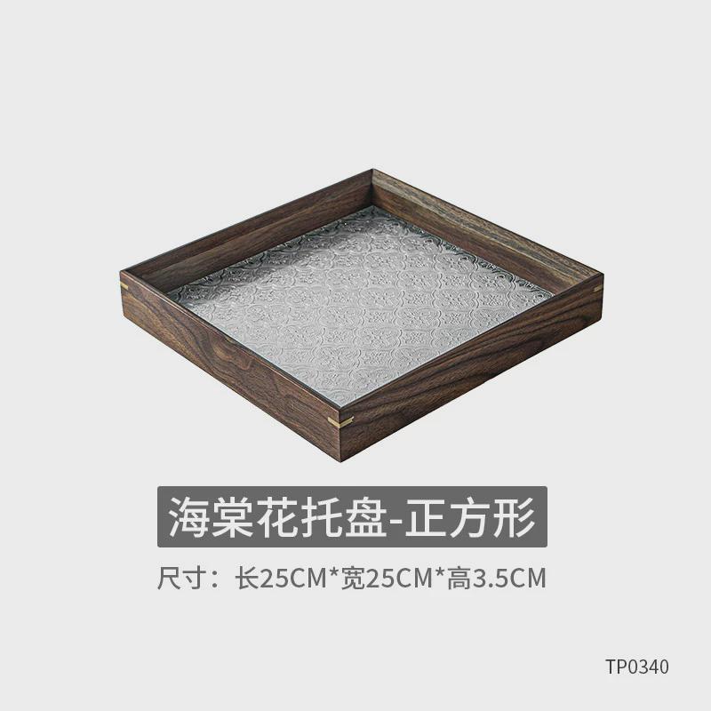 复古水果玻璃托盘长方形盘家用胡桃木质茶盘杯子收纳海棠花点心盘