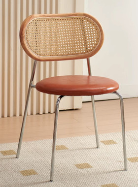 北欧表情/中古复古风/TOBE手工藤编金属皮面软包金属靠背餐椅