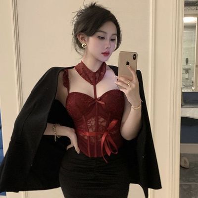 暴妃鱼骨胸衣纯欲外穿蕾丝带胸垫吊带上衣内搭短款打底背心女274