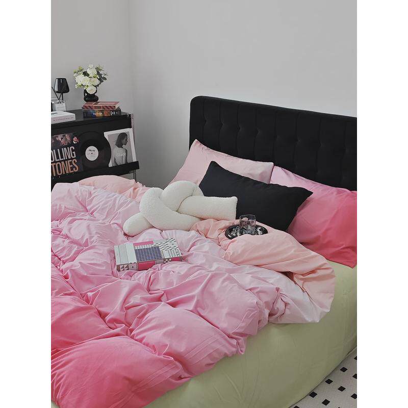 a524ins床笠渐变纯色简约床上四件套水洗棉被套墨绿床单学生三