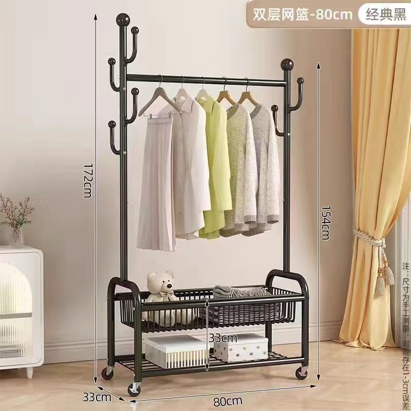 卧室带轮可移动衣帽带阳台晾衣架加粗碳钢置物架落地架子筐衣帽架