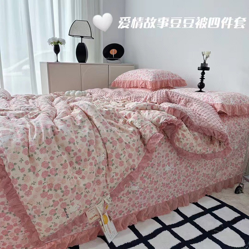 2024新款法式田园小水洗全棉花边绗缝床盖三件套防滑床单机洗碎花