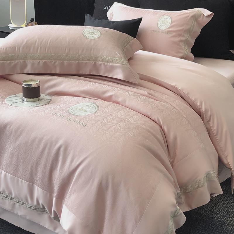 轻奢风天丝夏凉感60支春棉四件套简约提花刺绣被套1.8m床上用品