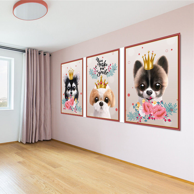 自粘壁纸卡通动漫宠物三联画壁画贴纸房间卧室背景墙画装饰画墙贴