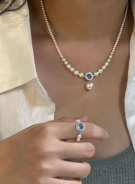 925纯银海蓝宝施家贝珠项链女气质轻奢感小众简约秋冬锁骨链