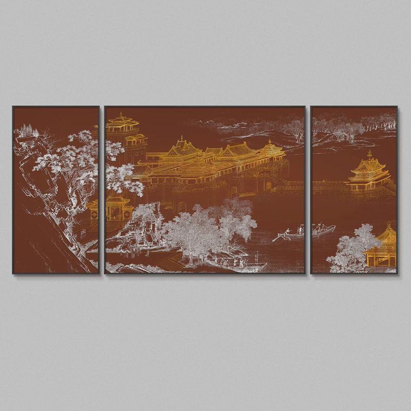 新中式客厅沙发背景墙浮雕装饰画酒店茶室高端大气大尺寸三联挂画