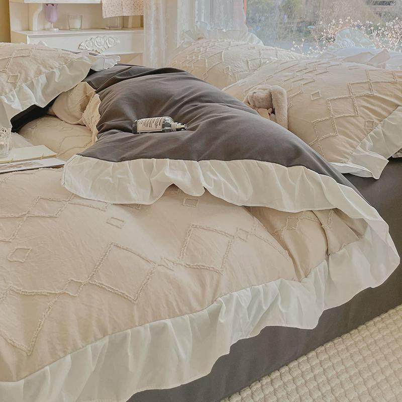 韩式宿舍床单三件套剪花水洗棉床上用品四件套公主风女孩被套ins4