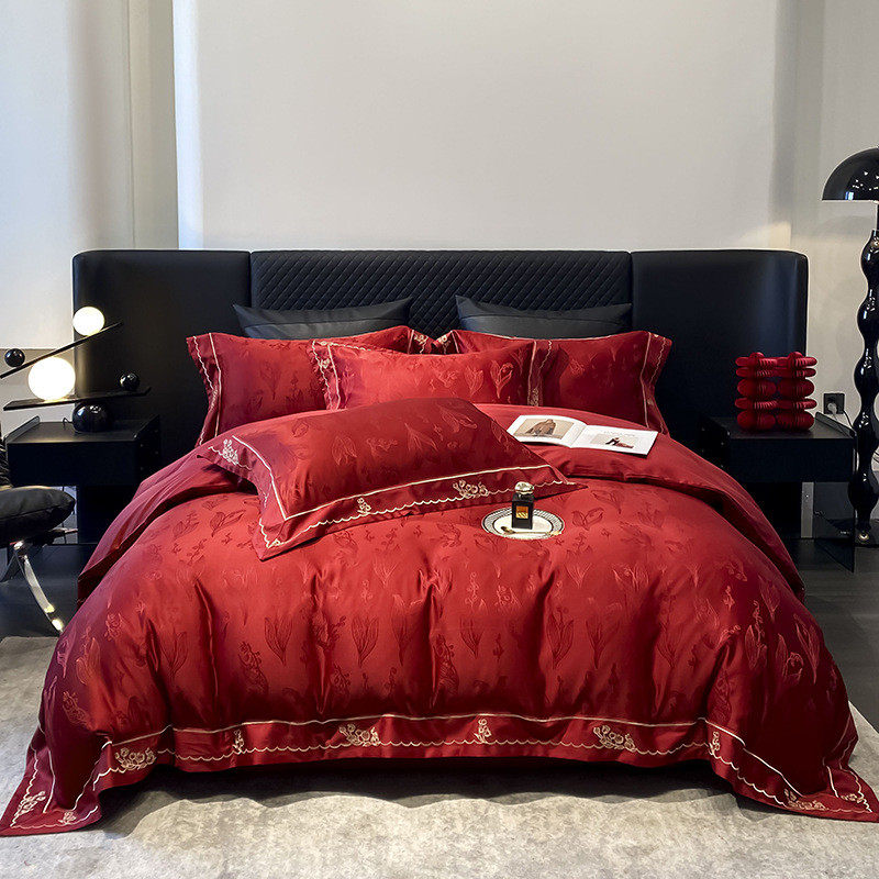 中式大红色婚庆四件套高级感提花结婚陪嫁妆新房床单笠款床上用品,床上用品,床品套件/四件套/多件套,淘宝优惠券,粉丝福利购,淘宝优惠卷