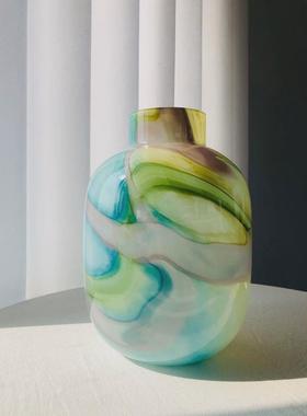 高端玻璃彩色水墨大肚流体花瓶摆件客厅电视柜餐桌水养插花装饰品