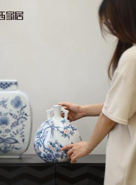 热销博西家居双耳复古新中式青花瓷陶瓷花瓶摆件家居酒壶花器装饰