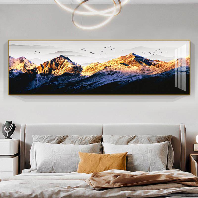 现代简约背靠金山山水风景床头画轻奢温馨主卧室房间客厅装饰挂画