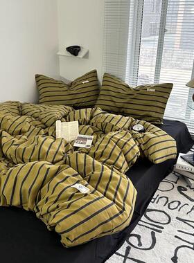 1vpr简约ins博主风黑白条纹水洗棉四件套床单黑色被套宿舍三件套