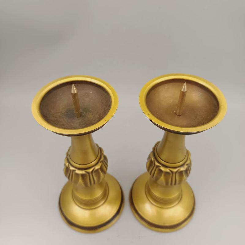 古玩铜器创意礼品铜摆件荷苞光面铜蜡台一对家居装饰桌面收藏