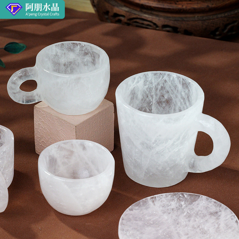 跨境天然水晶原石茶杯咖啡杯 白水晶粉水晶打磨 爱心能量杯马克杯