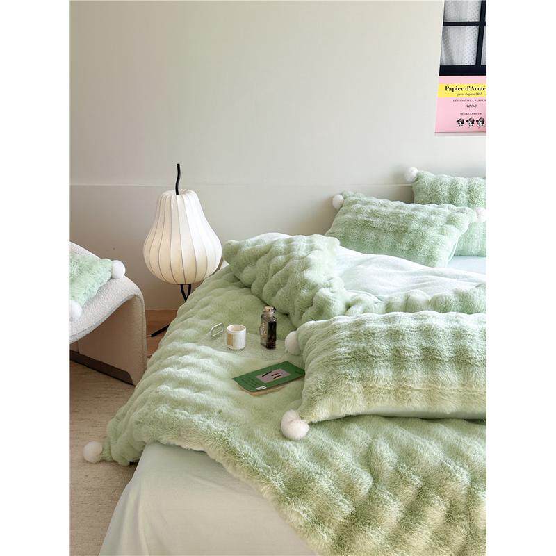 冬天加厚兔毛绒四件套立体被套珊瑚绒床上用品纯色公主风波点新款