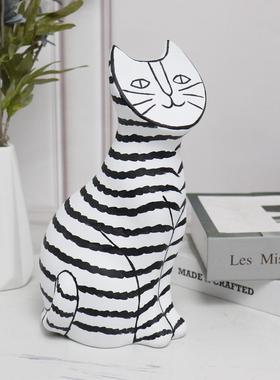 树脂北欧创意现代简约黑白条纹招财猫雕塑客厅玄关样板间家居摆件
