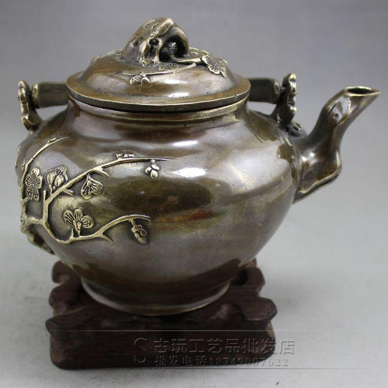 古玩收藏批发铜器客厅摆件黄铜做旧摆饰雕刻大梅花铜壶茶壶工艺品