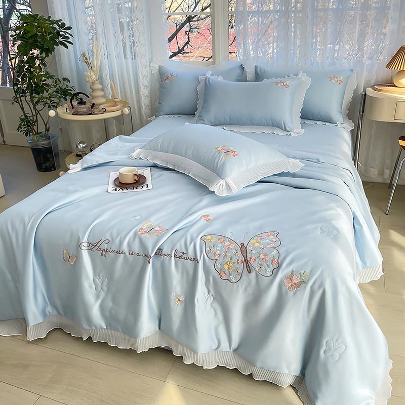 a6l韩版冰丝夏被四件套夏凉被夏天女生空调被蕾丝花边刺绣凉感薄